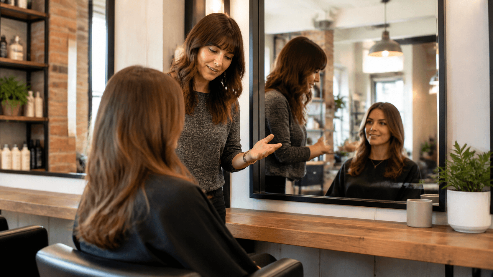 Salon website demo with a stylist consulting a client.