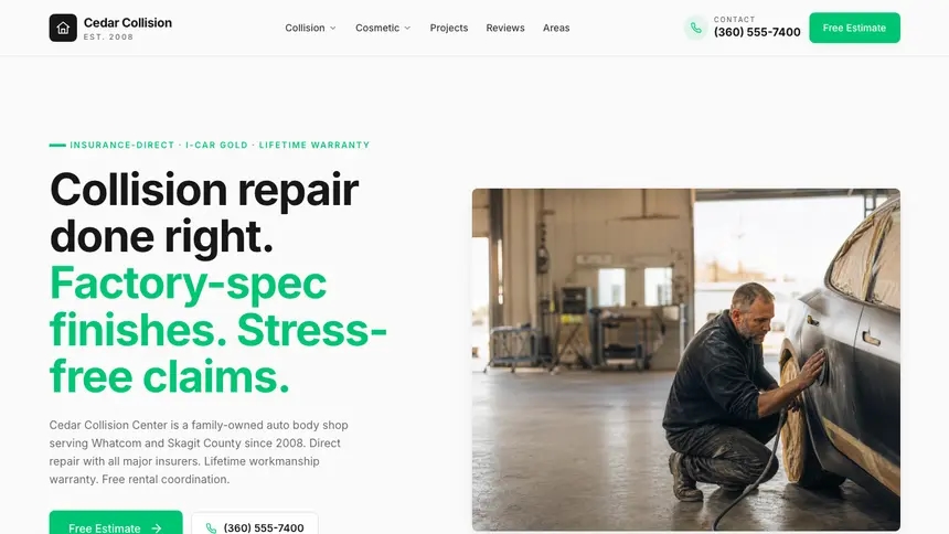 Collision Repair Modern Green demo website thumbnail