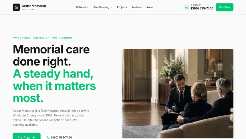 Funeral Services Modern Green demo website thumbnail