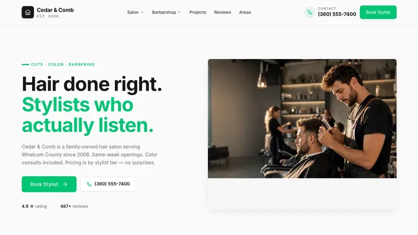 Hair & Barber Modern Green demo website thumbnail