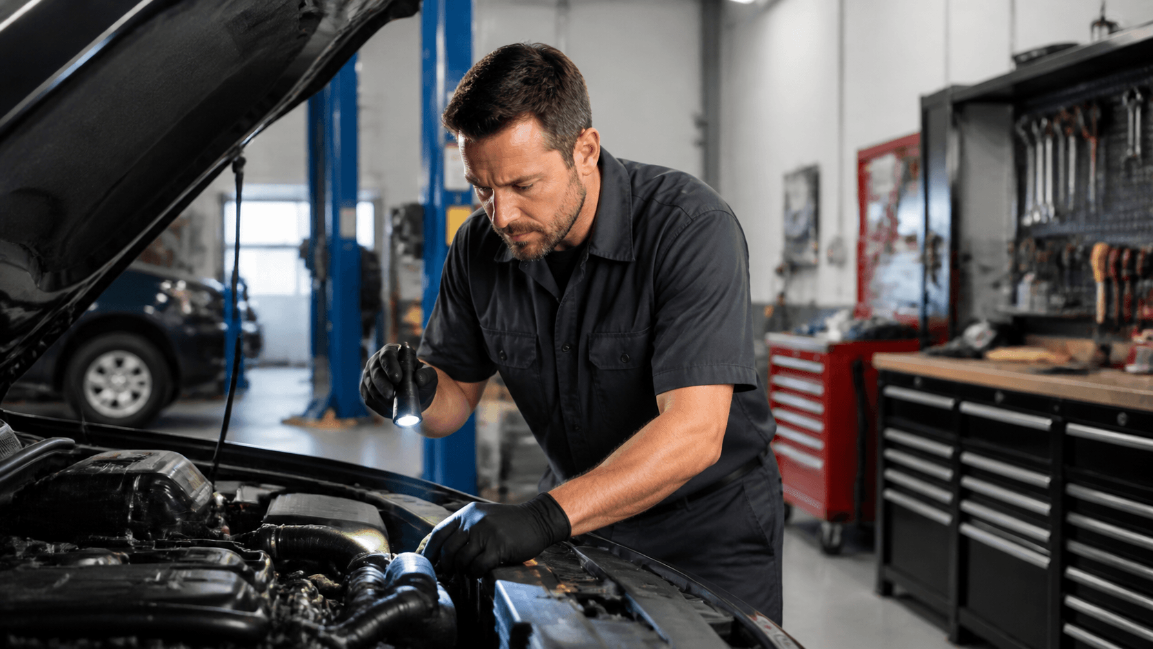 Auto repair shop website example in a clean service bay.