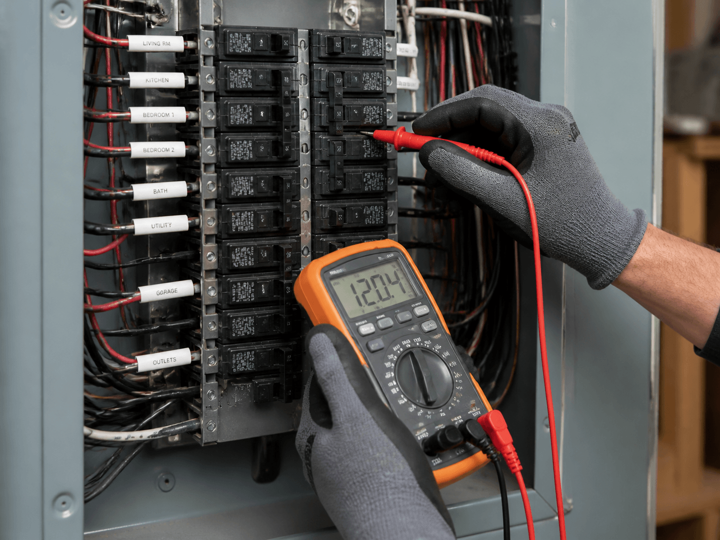 Electrician safely testing a residential electrical panel.