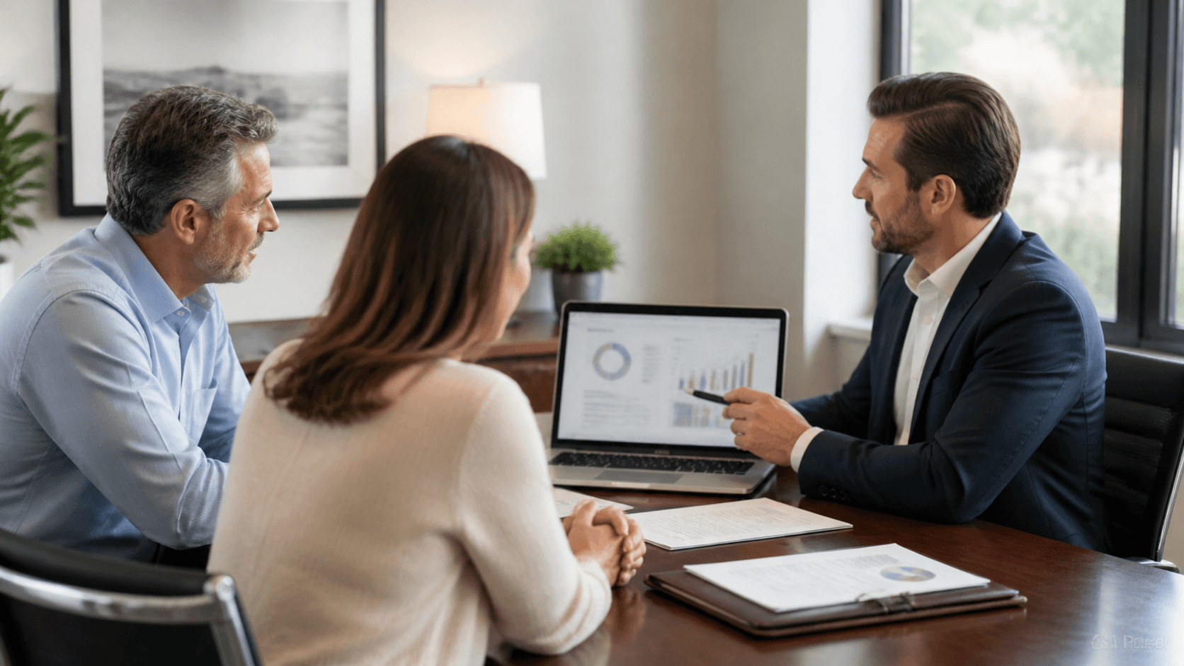 Advisor reviewing results with clients — reporting and direction.