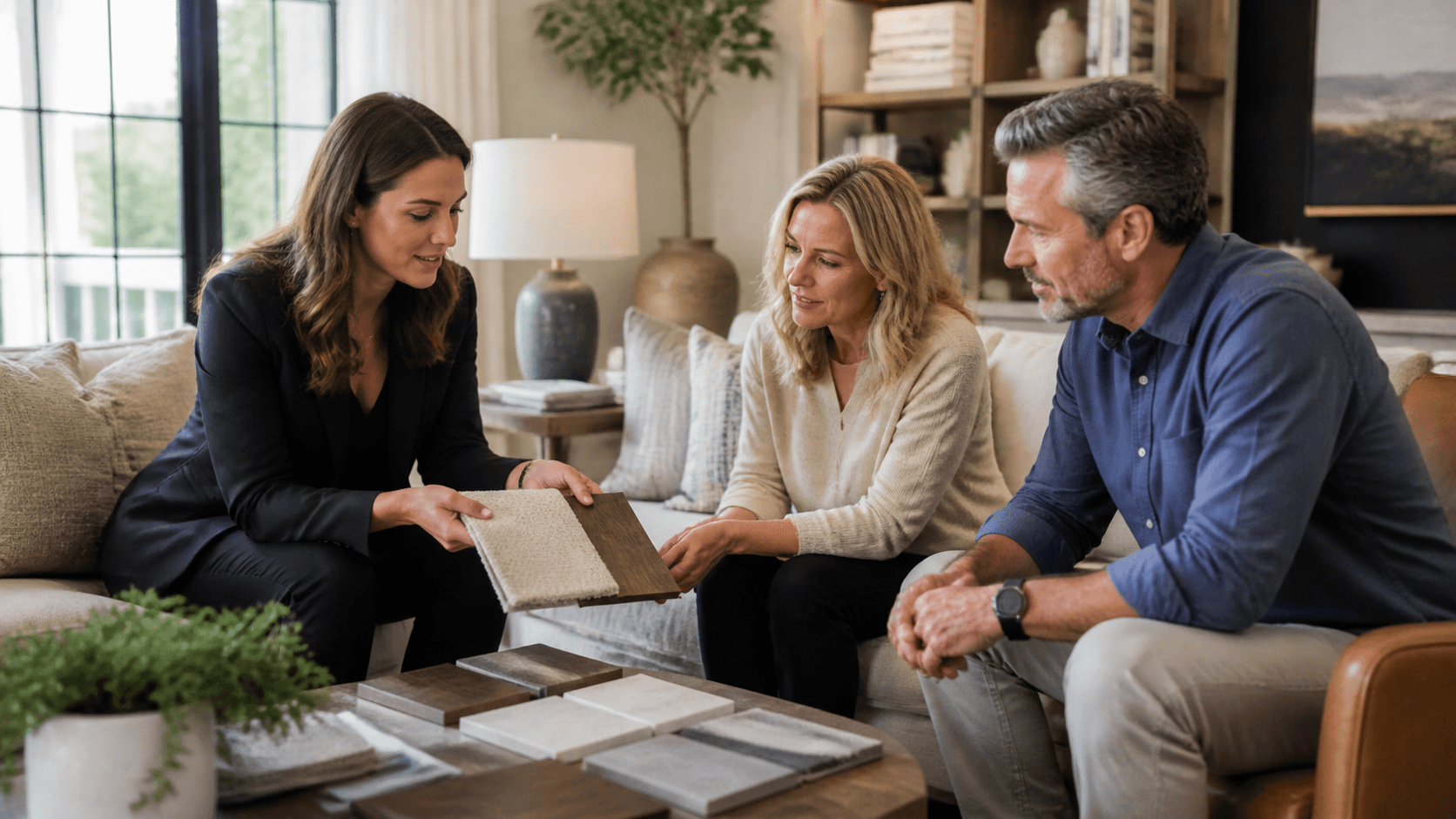 Interior design website system with homeowners reviewing materials.